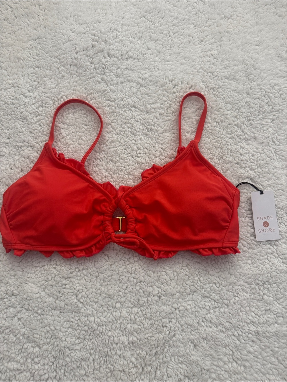 Shade & Shore Bright Red Ruffle Bikini Top with Center Ring